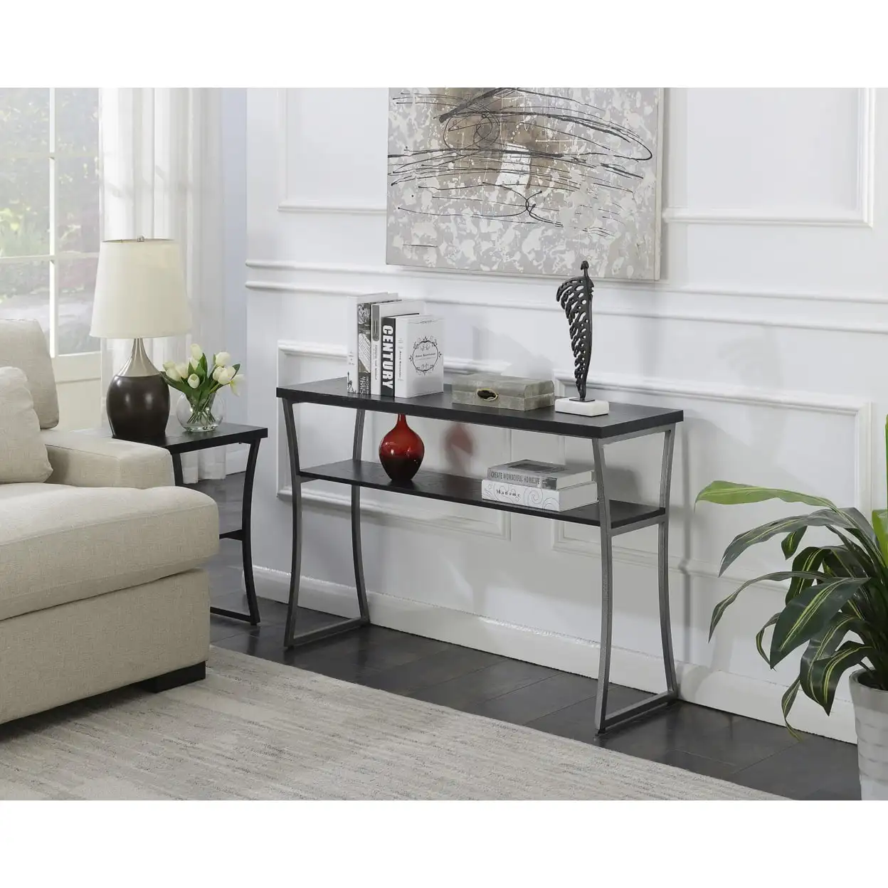 X-Calibur Console Table Black Woodgrain powder coated metal frame Durability and stability Spotted powder coated panels
X-Calibur Console Table Black Woodgrain powder coated metal frame Durability and stability Spotted powder coated panels