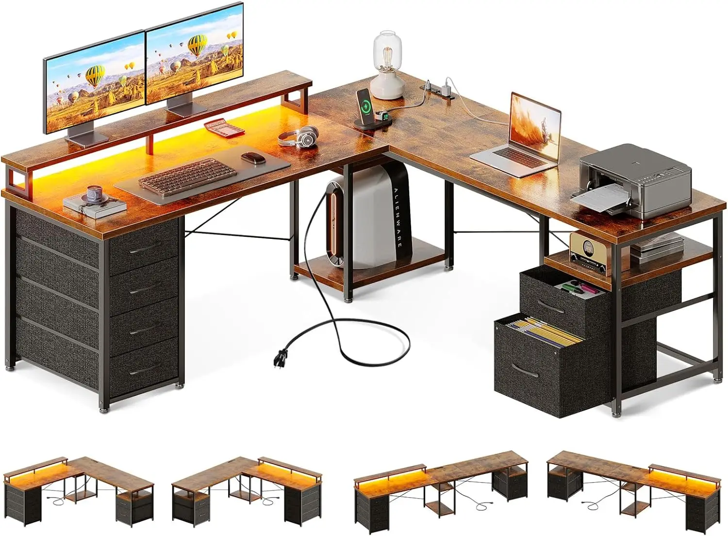 66" L Shaped Computer Desk, Reversible Home Office Desk with File Cabinet & 4 Fabric Drawers, Corner Gaming Desk with LED Lights
66" L Shaped Computer Desk, Reversible Home Office Desk with File Cabinet & 4 Fabric Drawers, Corner Gaming Desk with LED Lights