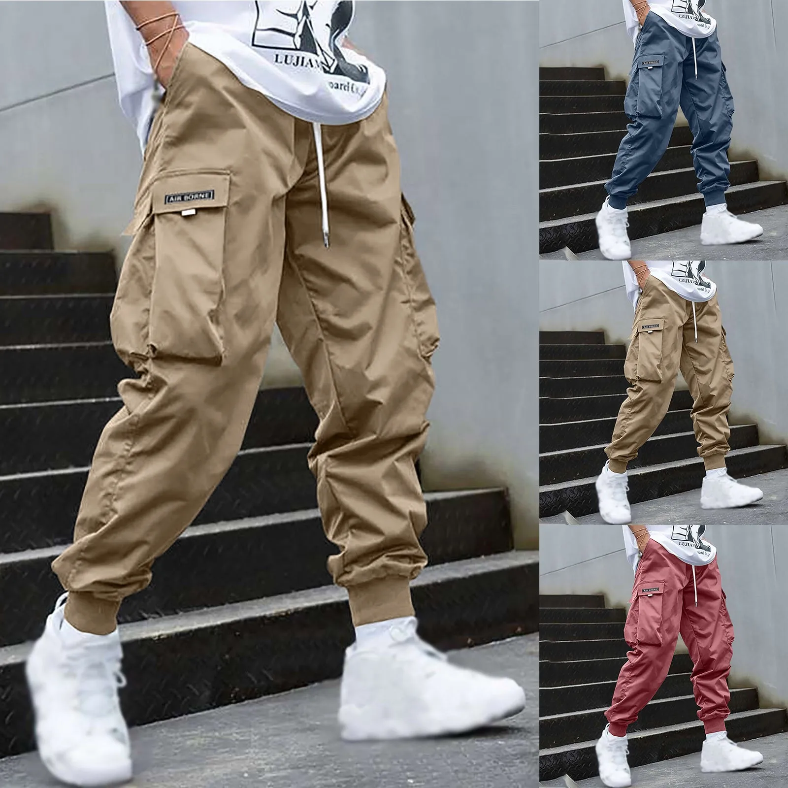 

Men Cargo Pants Streetwear Elastic Waist Jogger Sweatpants Hip Hop Sport Pants Men's Clothing Drawstring Pockets Trousers
