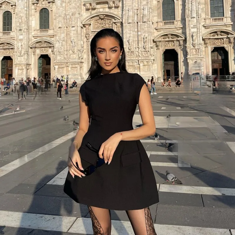 Women Sexy Slim Mini Dress Solid Color Pockets High Waist O-neck Short Sleeve A-line Dresses, Fashion Lady Elegant Vestidos 2 Mallzona S5255002022da4bcd8a11b4ea97068f18y Women Sexy Slim Mini Dress Solid Color Pockets High Waist O-neck Short Sleeve A-line Dresses, Fashion Lady Elegant Vestidos Mallzona