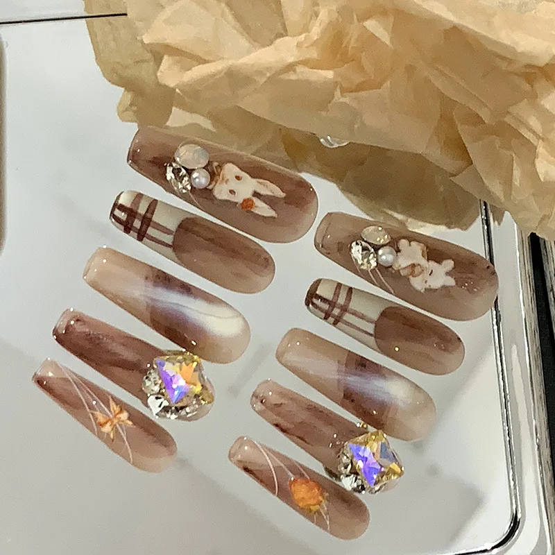 

10 Pcs Wearing False Nails Fake Nails Pure Handmade 【Rabbit】 Complimentary Nail Enhancement Kit Light Thin Not Heavy