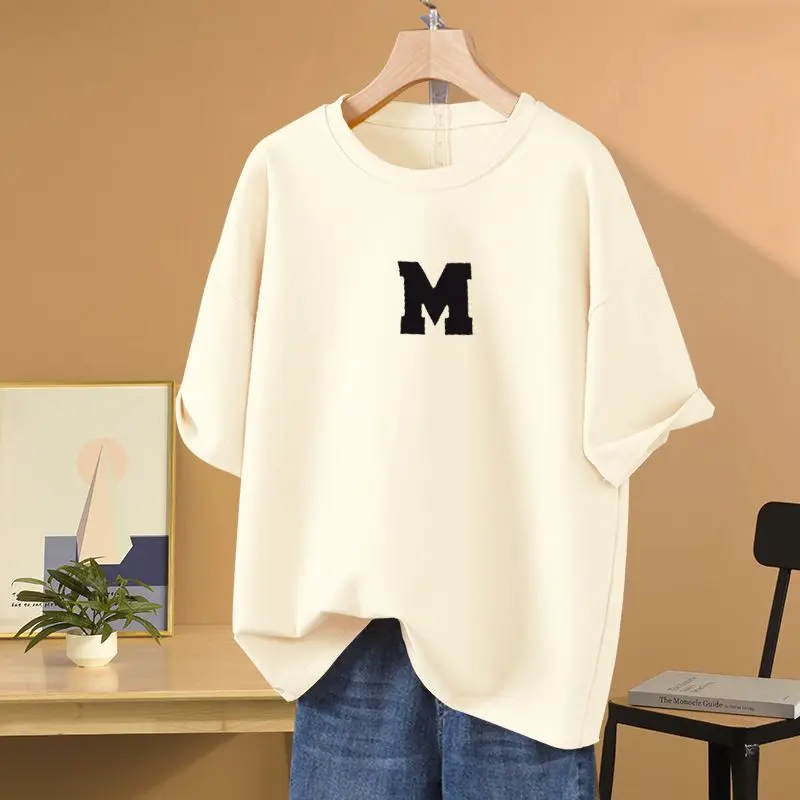 

Women's Loose Casual Letter Printed Top Tees Summer Simple All Cotton Crew Neck Pullovers Lady All-match Basics Tee Shirts M-6xl