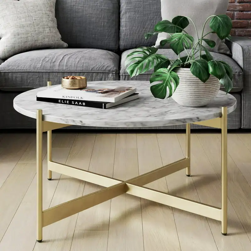 

Piper White Faux Marble Brass Metal Frame Round Living Room Coffee Table Tea table Small end table Small coffee table Mesas En