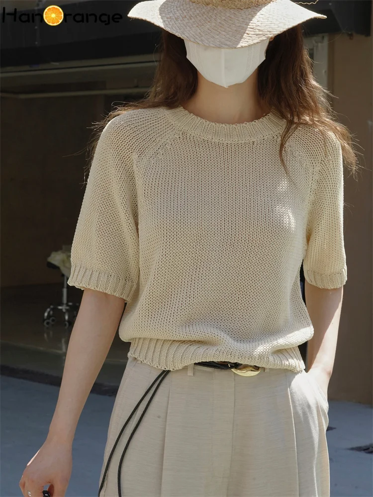 

HanOrange 2024 Summer Simple Imitation Linen O-Neck Knitwear Sweater Women Cool Short Sleeve Top Yellow Green/Beige Apricot