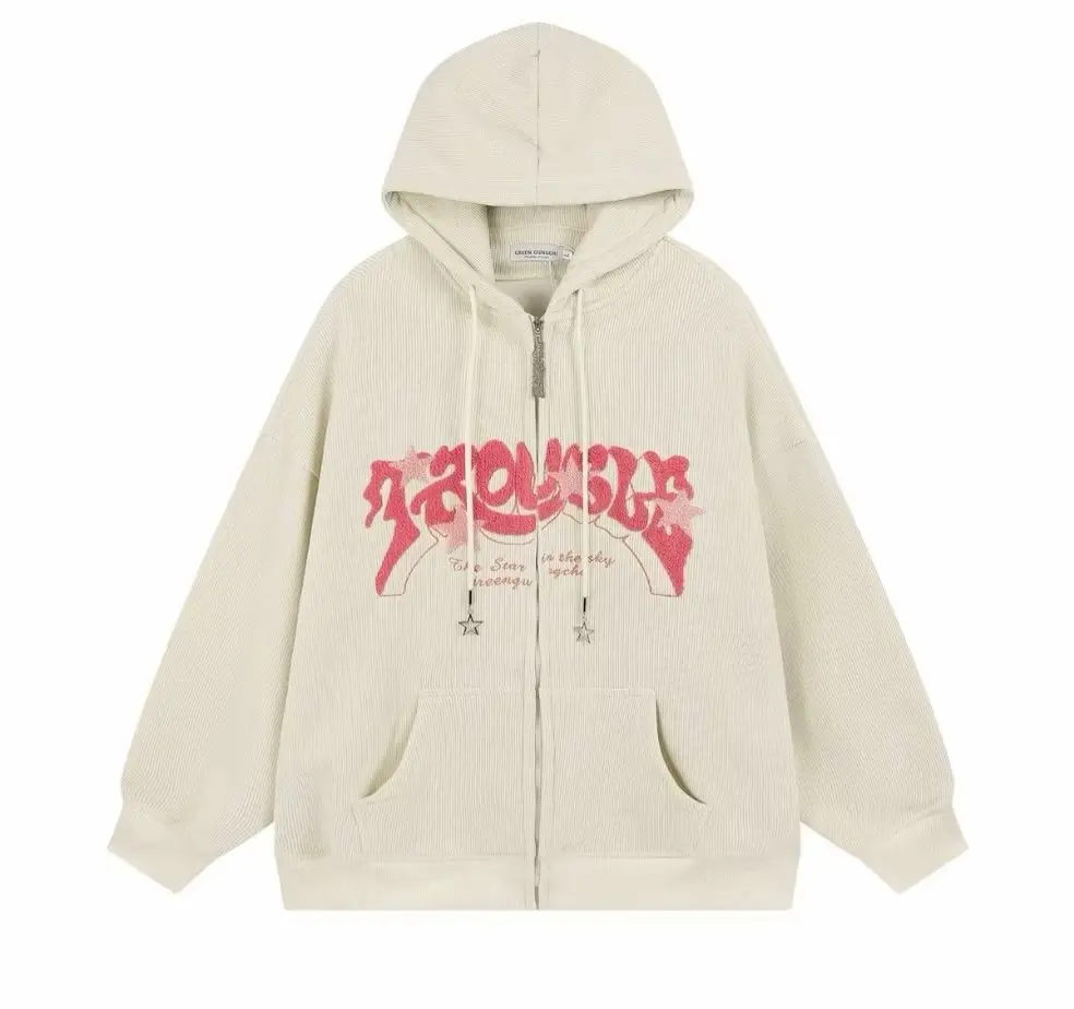 

American Vintage Y2k Letter Embroidery Corduroy Zipper Hoodies Couple Loose Thickened Jackets Zip Up Goth Coat Kawaii Winter Top