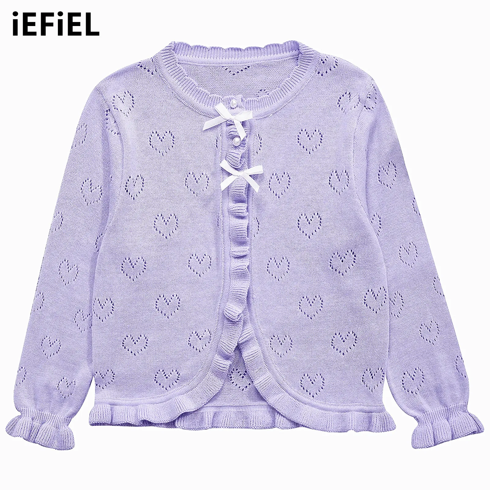 

Kids Girls Cute Bowknot Ruffled Hem Knitted Cardigan Hollow Out Heart Pearl Button Long Sleeve Bolero Shrug Tops Knitwear