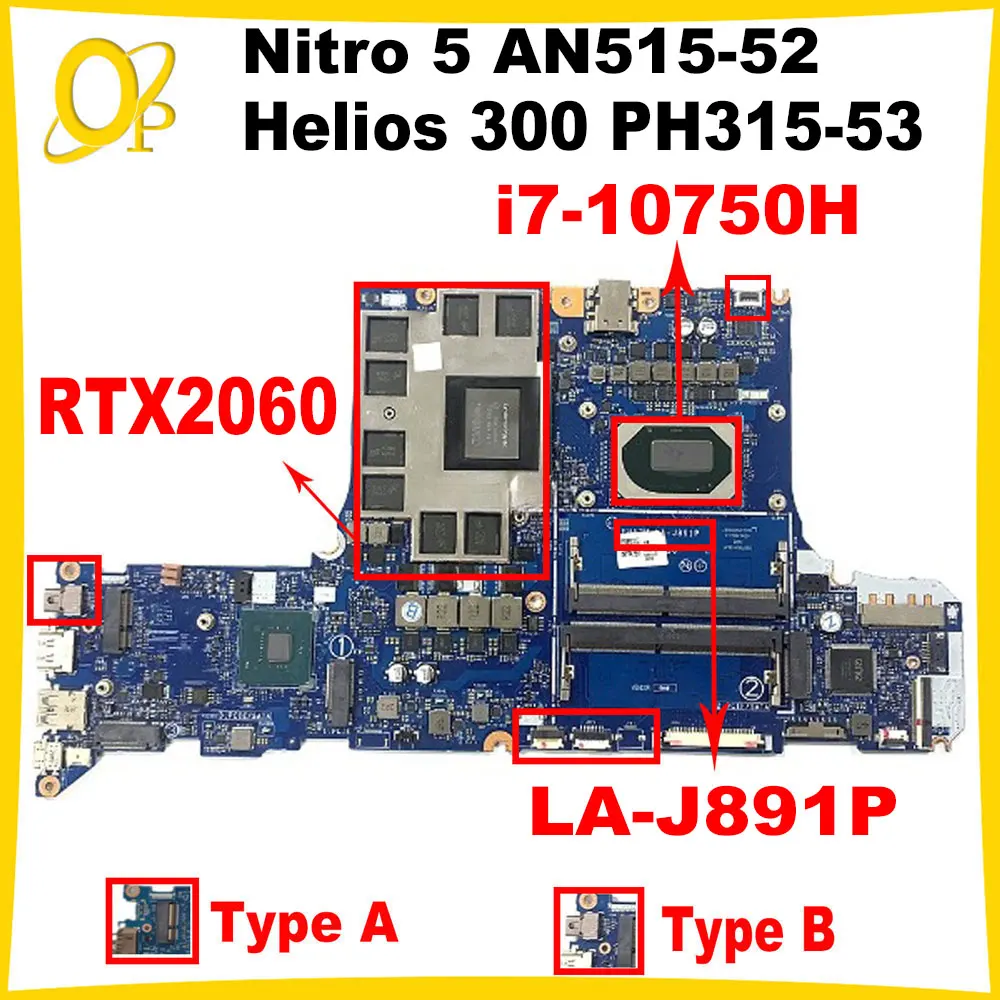 

FH52M LA-J891P Mainboard for Acer Helios 300 PH315-53 Nitro 5 AN515-52 Laptop Mainboard i7-10750H CPU RTX2060 GPU DDR4 Tested