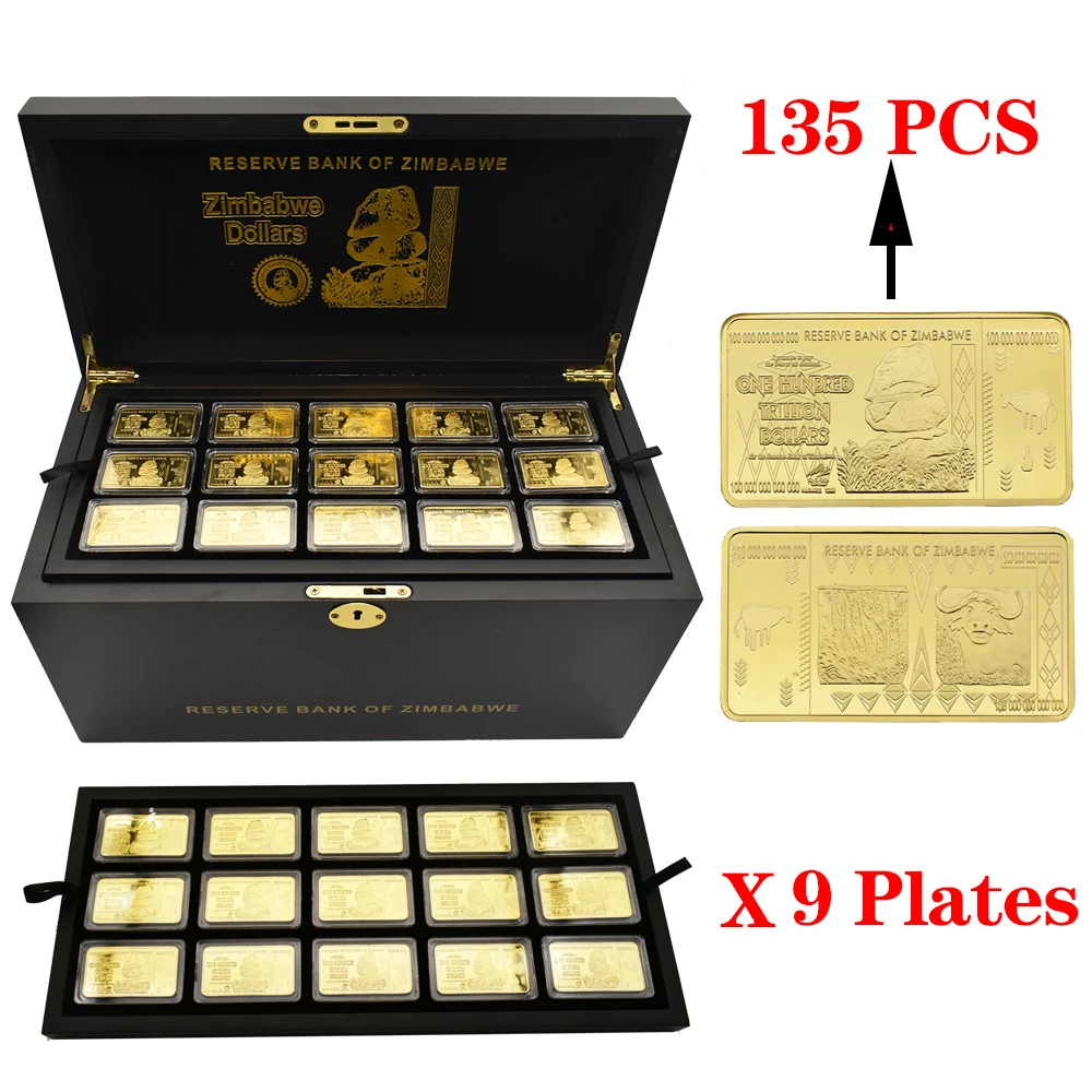 135Pcs/box Zimbabwe Gold Bars One Hundred Trillion Dollars Wooden Box Set Gold-plated Metal Commemorative Coin Collection Gift
135Pcs/box Zimbabwe Gold Bars One Hundred Trillion Dollars Wooden Box Set Gold-plated Metal Commemorative Coin Collection Gift