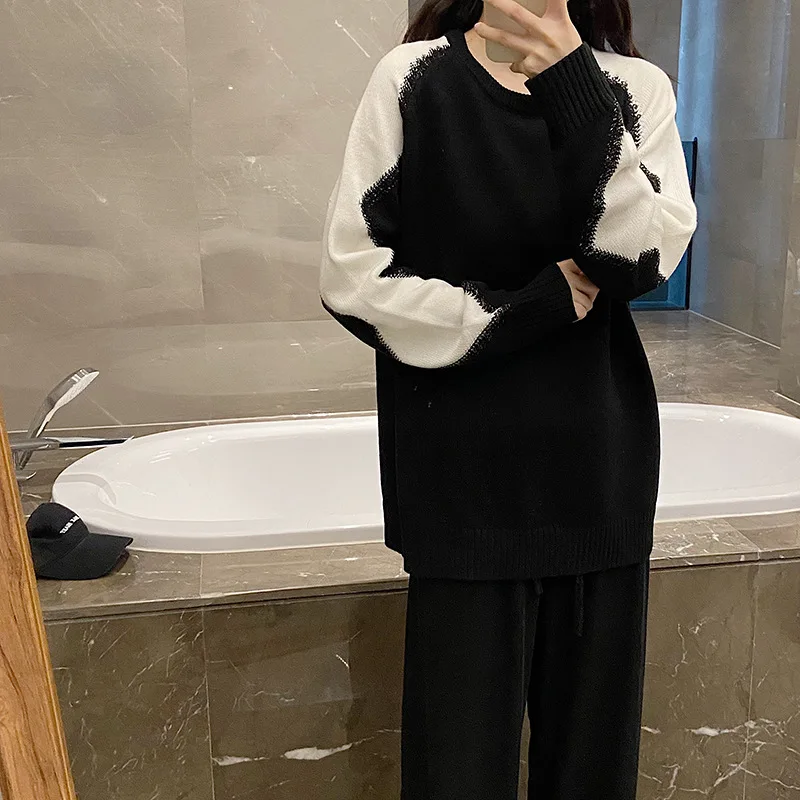 

High Quality Good Morning Fanfan Contrast Mohair Sweater Women Spring and Autumn Loose Lazy Design Loose Gentle Wind Knit Top.