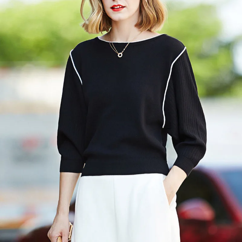 

Spring and Autumn Round Neck Temperament Contrast Loose Fit Ice Silk Bat Sleeve Knit Shirt Autumn Women's Casual Lady Top