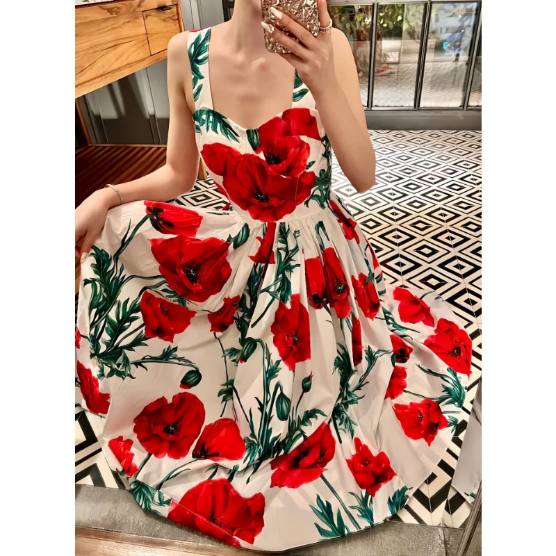 

100% Cotton Women'S Dress Red Flower Carnation Print Halter Suspender Fashion Runway Vacation Summer 2023