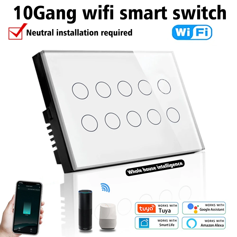 

Wifi Smart Touch Light Wall Switch Interruptor Glass Panel 10 Gang 147*86mm Compatible with Alexa Google Home Tuya App SmartLife