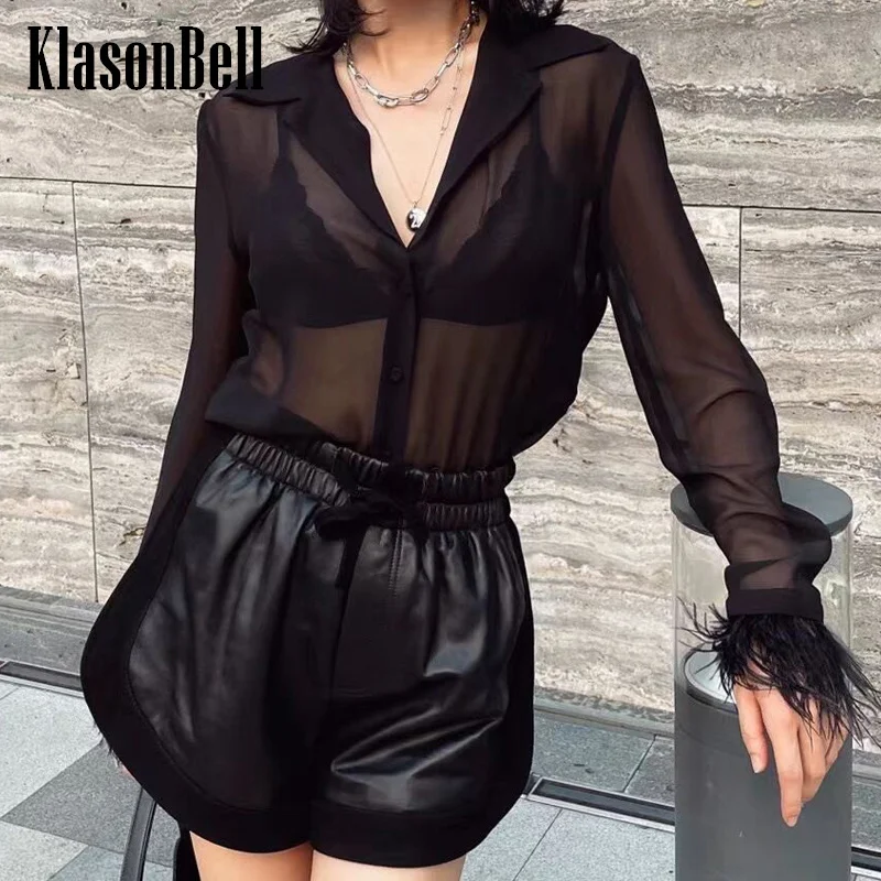 

3.2 KlasonBell Elegant Temperament Ostrich Feather Spliced Sheer Shirt Or Deerskin Genuine Leather Drawstring Shorts Set Women