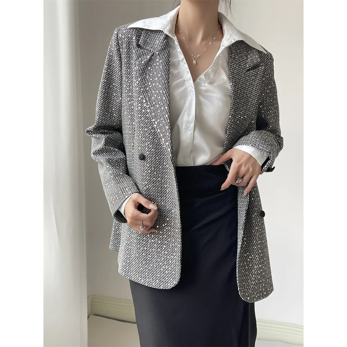 

Office Ladies New Single Breasted Turn Down Collar Blazers Elegant Suits Sequin Long Sleeve Suits Fashion Formal Casual Clothes