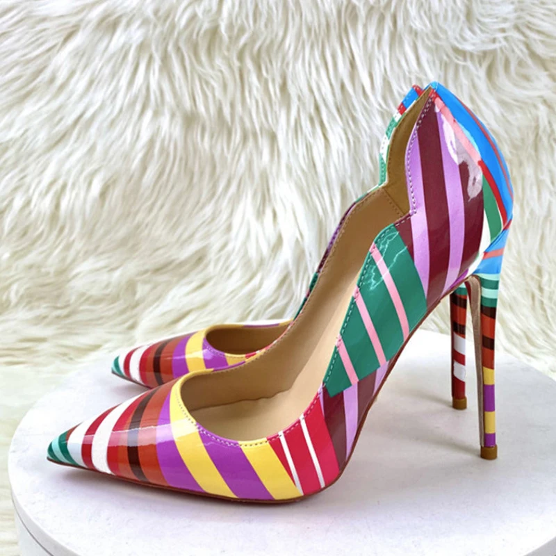 

Colorful stripped 12cm 10cm 8cm high thin heel pointed toe party dating wedding sexy slip on size 33-45 lady pump QP190 ROVICIYA