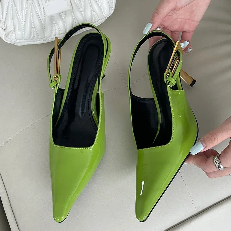 Patent Leather Green Women Pumps Sexy Pointed Toe Metal Buckle Strap Thin High Heels Summer Elegant Slingbacks Heeled Sandals 38 S52729e2e97304baab1b961b5a00e62c0H