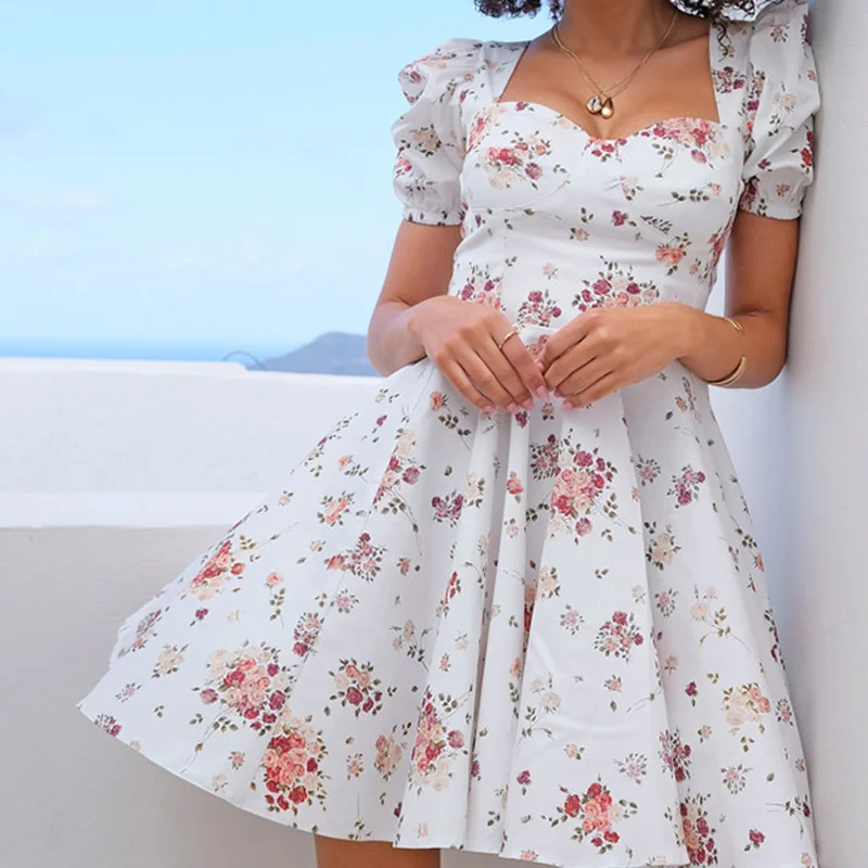 Floral Print White Dress Women's Low-cut Backless Short Puff Sleeve Zipper Mini Sundress Elegant Women's Dress Women Clothing
Floral Print White Dress Women's Low-cut Backless Short Puff Sleeve Zipper Mini Sundress Elegant Women's Dress Women Clothing