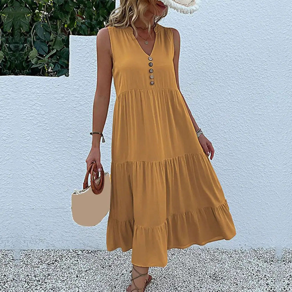 

A-line Dress Elegant V Neck Midi Dress with Button Decor A-line Hem for Women Soft Flowy Vacation Beach Dress Pure Color Women