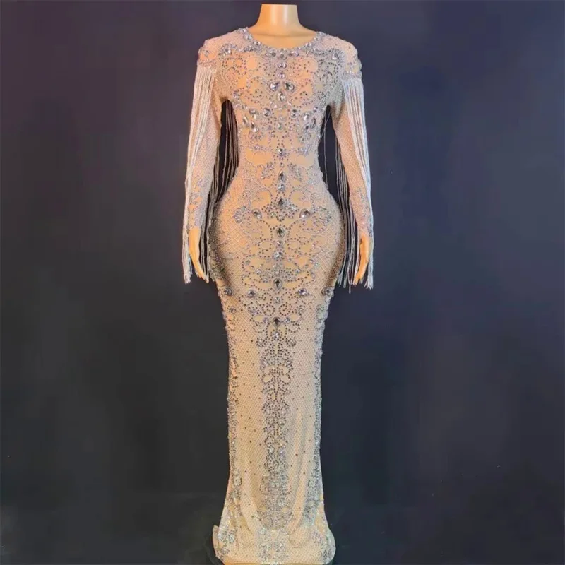 Women Mesh Perspective Sparkly Crystals Long Dress Evening Party Rhinestones Dresses Birthday Celebrate Costume Fringes Dress
Women Mesh Perspective Sparkly Crystals Long Dress Evening Party Rhinestones Dresses Birthday Celebrate Costume Fringes Dress