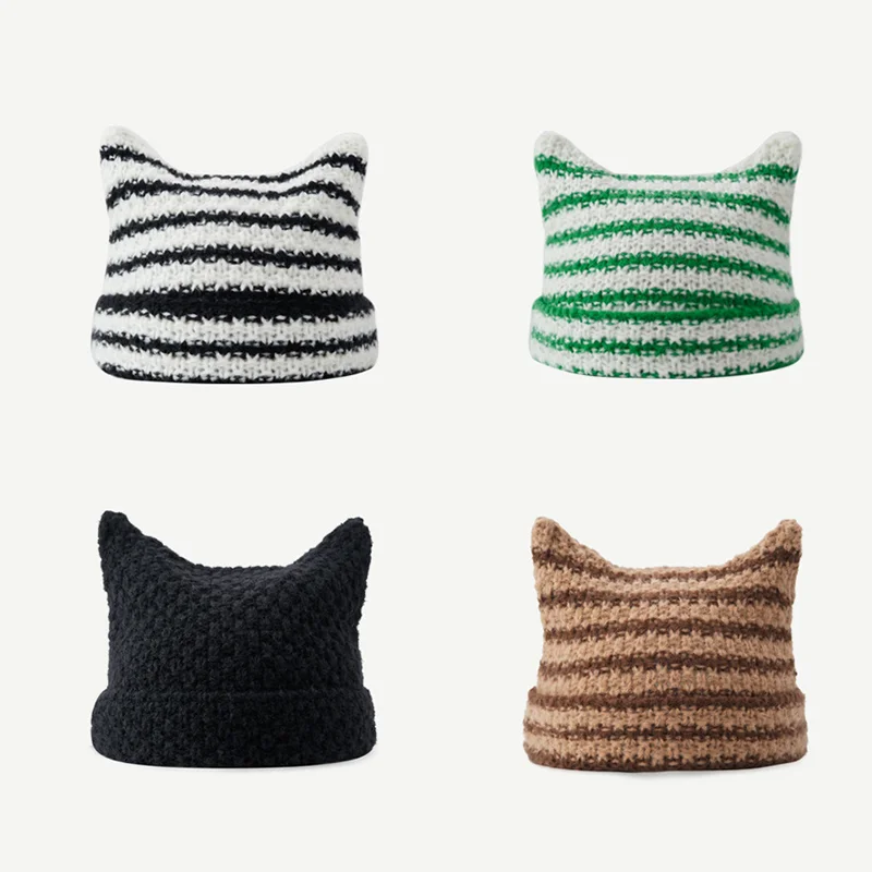 

New Japanese Streetwear Harajuku Beanie Little Devil Striped Knitted Hat Women Autumn Winter Cute Cat Ears Cap