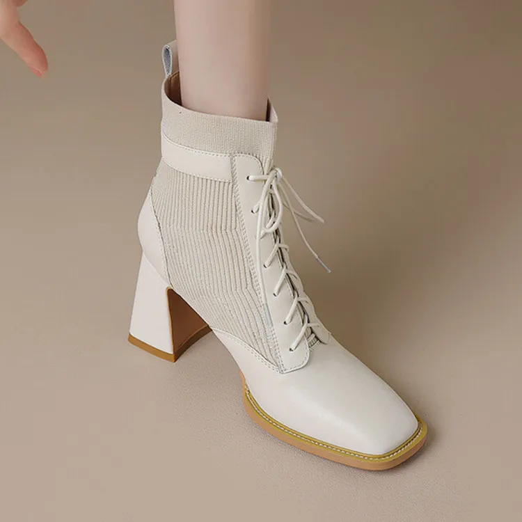 

British Square Toe Women Autumn Boots Elastic Short Sock Botas Gladiator Lace Up Chunky High Heels Lady Riding Botines Femmes