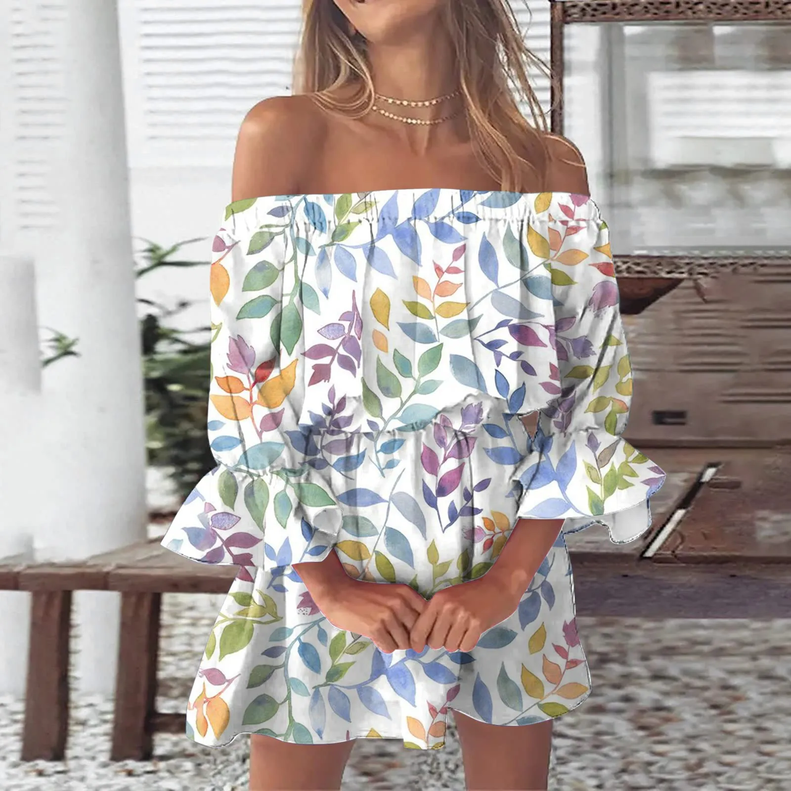 

Summer Dresses For Women Vintage Print Beach Sexy Off Shoulder Tunic Sundresses Casual Loose Fit Bell Sleeve Mini Floral Dress