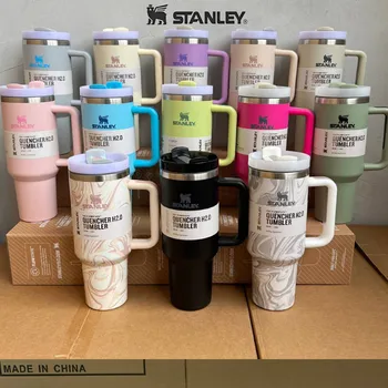 Stanley Quencher 2.0 스테인레스 스틸 텀블러, 빨대 뚜껑이 있는 손잡이가 있는 텀블러, 40oz, 1.18L, 스테인레스 스틸 커피 컵, 자동차 머그잔