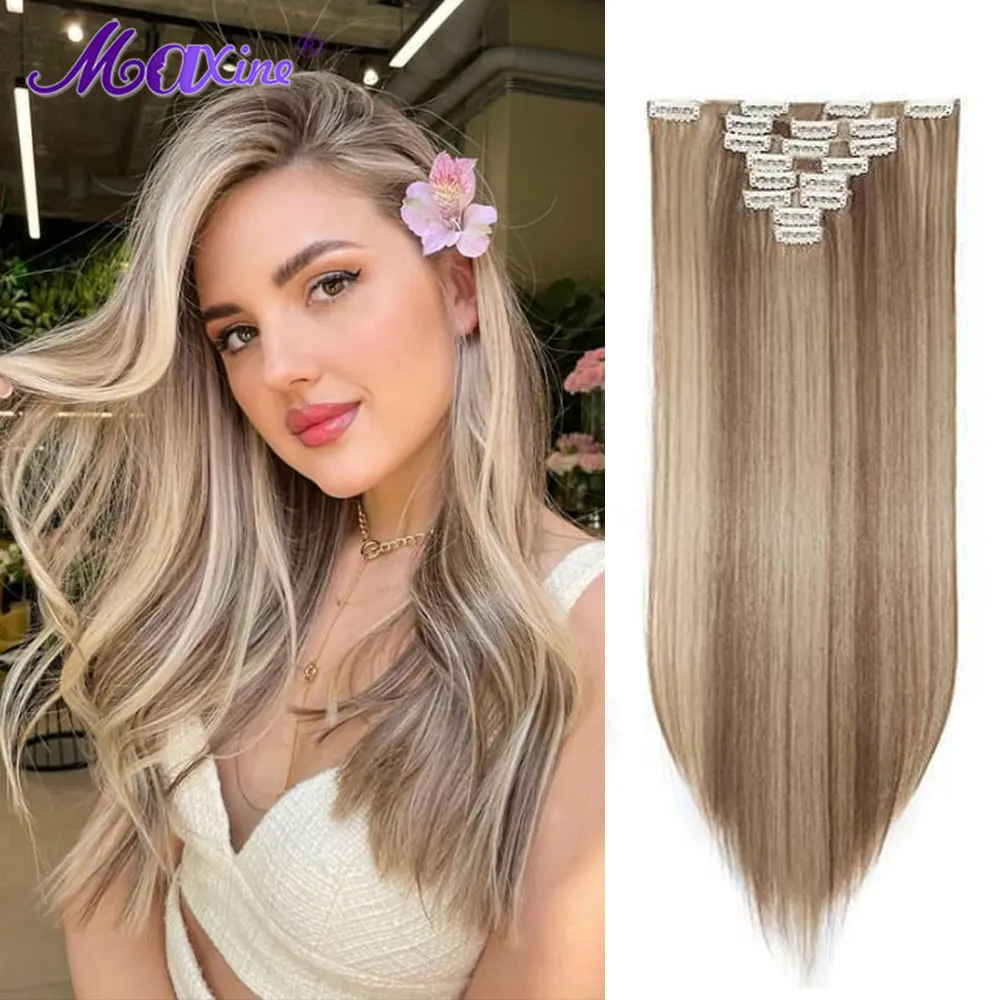 

Double Weft Thick Clip in Hair Extensions 100% Human Hair Full Head 120g 7pcs Golden Brown Highlight Silky Straight Clip In Hair