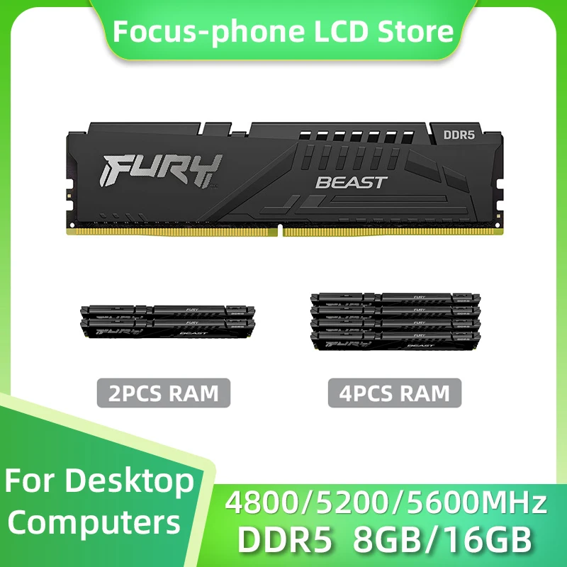 

Fury Beast DDR5 8GB 16GB 4800 5200 5600MHz Desktop AMD Intel CPU Motherboard Memory 288Pin 1.1V DIMM RAM DDR5