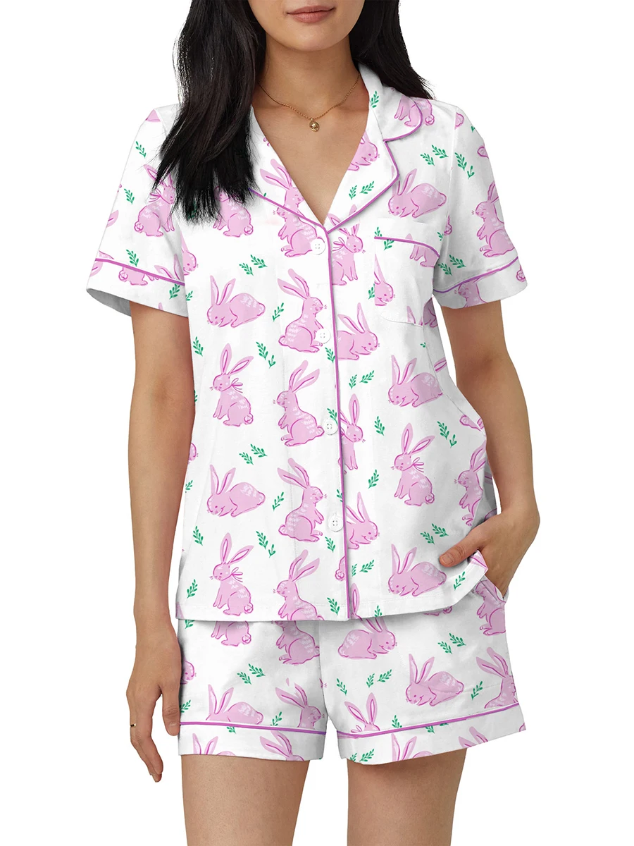 

Pajama Set for Women 2PCS Bunny Print Short Sleeve Button Closure Top with Shorts Sleepwear Loungewear