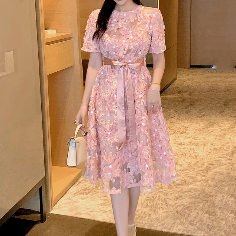 

Summer New Short Sleeve Embroidery Flower Round Neck Midi Dress Lace-Up Office Lady High Waist Sequin Women's Vestidos