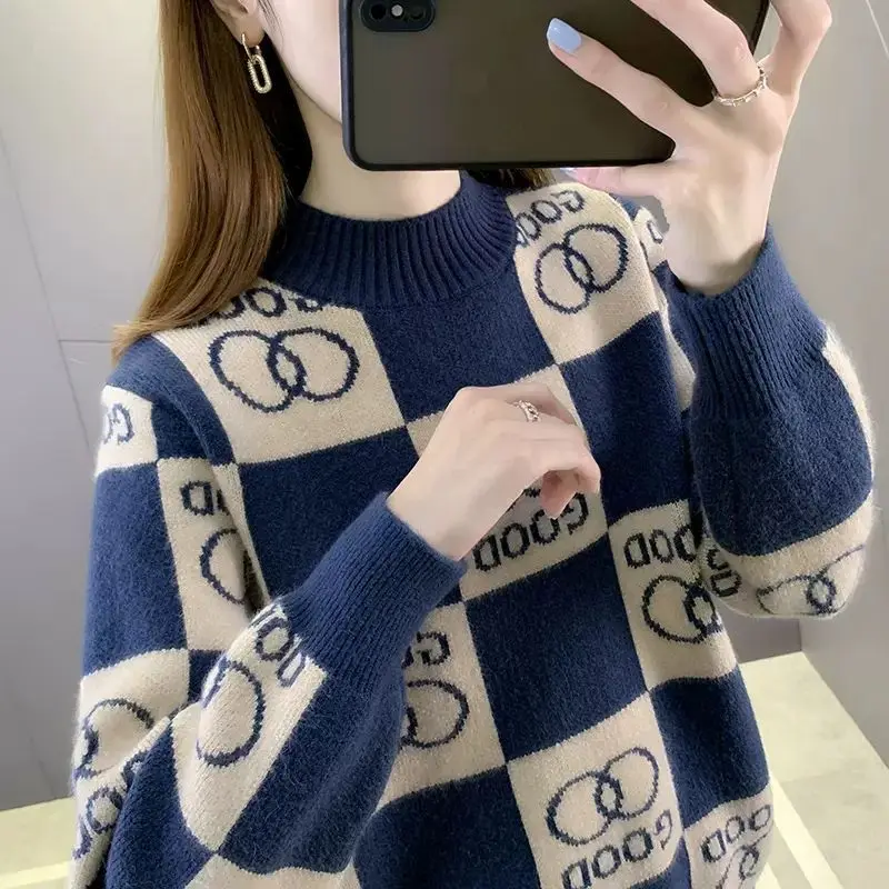 Autumn Winter Fashion Trend Half High Collar Colored Jacquard Loose Versatile Casual Western Style Women Fashion Knitted Sweater 
Autumn Winter Fashion Trend Half High Collar Colored Jacquard Loose Versatile Casual Western Style Women Fashion Knitted Sweater