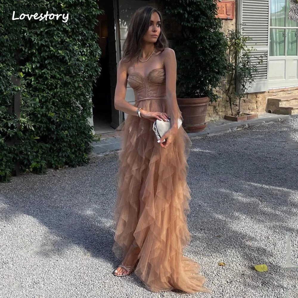 

Love Lace Prom Dresses Strapless Ruffled Long Cocktail Dress Tulle Illusion Christmas Dress Slit Evening Gala Sexy Party Gowns