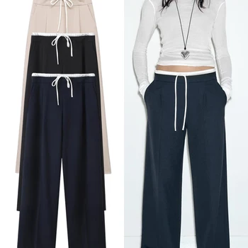 Eleve seu Estilo de Verão com Calças de Linho Algodão Femininas Sofisticadas 10 TRAF Women's Double Layer Waist Casual Wide Leg Pants Commuter versatile fashion straight trousers Elegant women's clothing