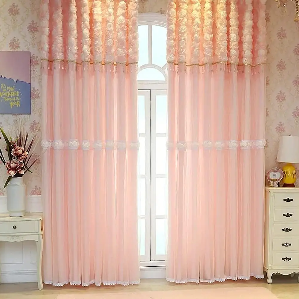 

1 Panel 140cm Width Double Layer Curtain with Valance Lace Curtain for Girls Princess Room Bedroom 3D Flower Curtain with Beads