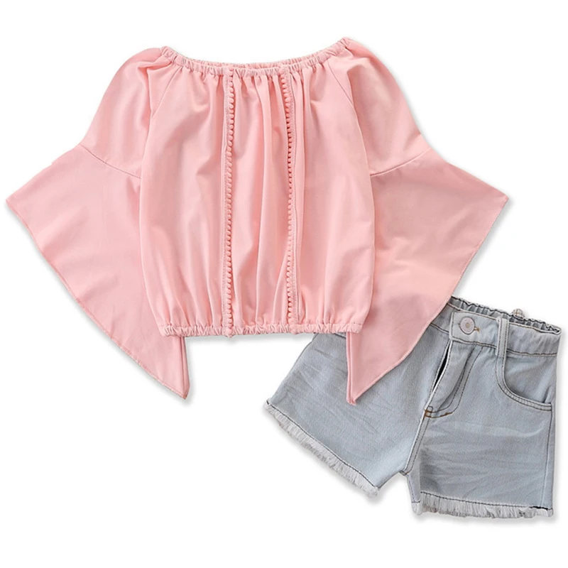 

2PCS Summer Girls Boutique Outfits Fashion Flare Sleeve Flower Tops+Denim Shorts Toddler Clothes Baby Luxury Clothing Set BC2411