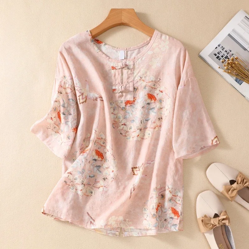 

Chinese Style Women's Shirt Summer Prints Vintage Blouses Loose Short Sleeves Women Tops Cotton Linen Fashion Clothing YCMYUNYAN