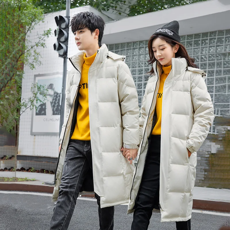

New Hooded Fashion Solid Color Men's Outdoor Work Clothes White Duck Down Down Jacket Couples Long Warm Coat
