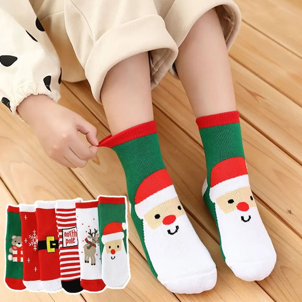 

Детские рождественские носки с Санта-Клаусом, хлопковые Мультяшные чулочно-носочные изделия в стиле Харадзюку С оленем, тканевые аксессуары в Корейском стиле, носки средней длины для девочек