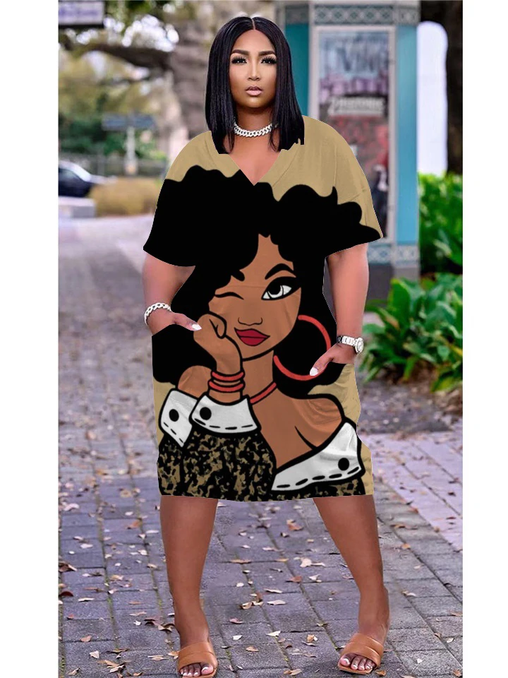

New Summer Black Women 3D Print Dress Elegant Woman African Vintage Pockets Dresses Melanin V-Neck Sexy Girl Bohemian Midi Dress