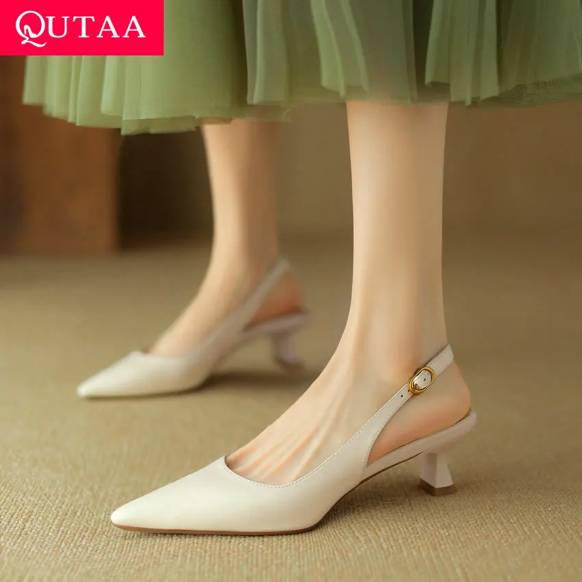 

QUTAA 2024 Women Leather Sandals Thin Med Heels Pumps Party Wedding Shoes Woman Prom Pumps Slingbacks Summer Shoes Size 34-43