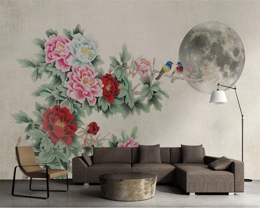 

beibehang Customized new Chinese style hand painted peony flowers and birds TV sofa background papel de parede wallpaper