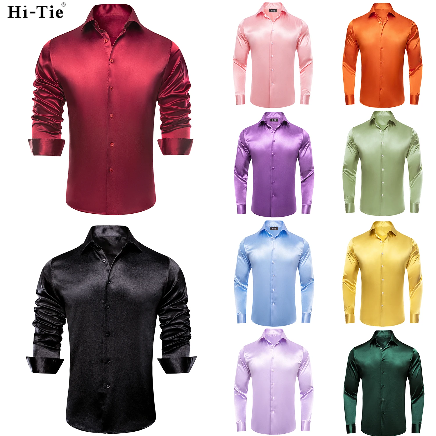 

Hi-Tie Burgundy Men's Long Sleeve Plain Satin Silk Dress Shirts Casual Formal Blouse Black Shirt Luxury Designer Men Clothing