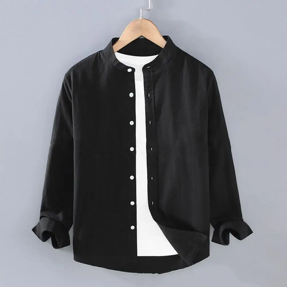 

Однотонная рубашка, стильный мужской кардиган с воротником-стойкой, рубашка, однобортный дизайн, Мягкая Повседневная ткань, большие размеры, на осень