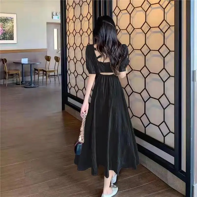 Dress Women Puff Sleeve Long Sweet Elegant French Style Casual Wear Backless Cut Out Linen Bandage Prom Dress Summer
Dress Women Puff Sleeve Long Sweet Elegant French Style Casual Wear Backless Cut Out Linen Bandage Prom Dress Summer