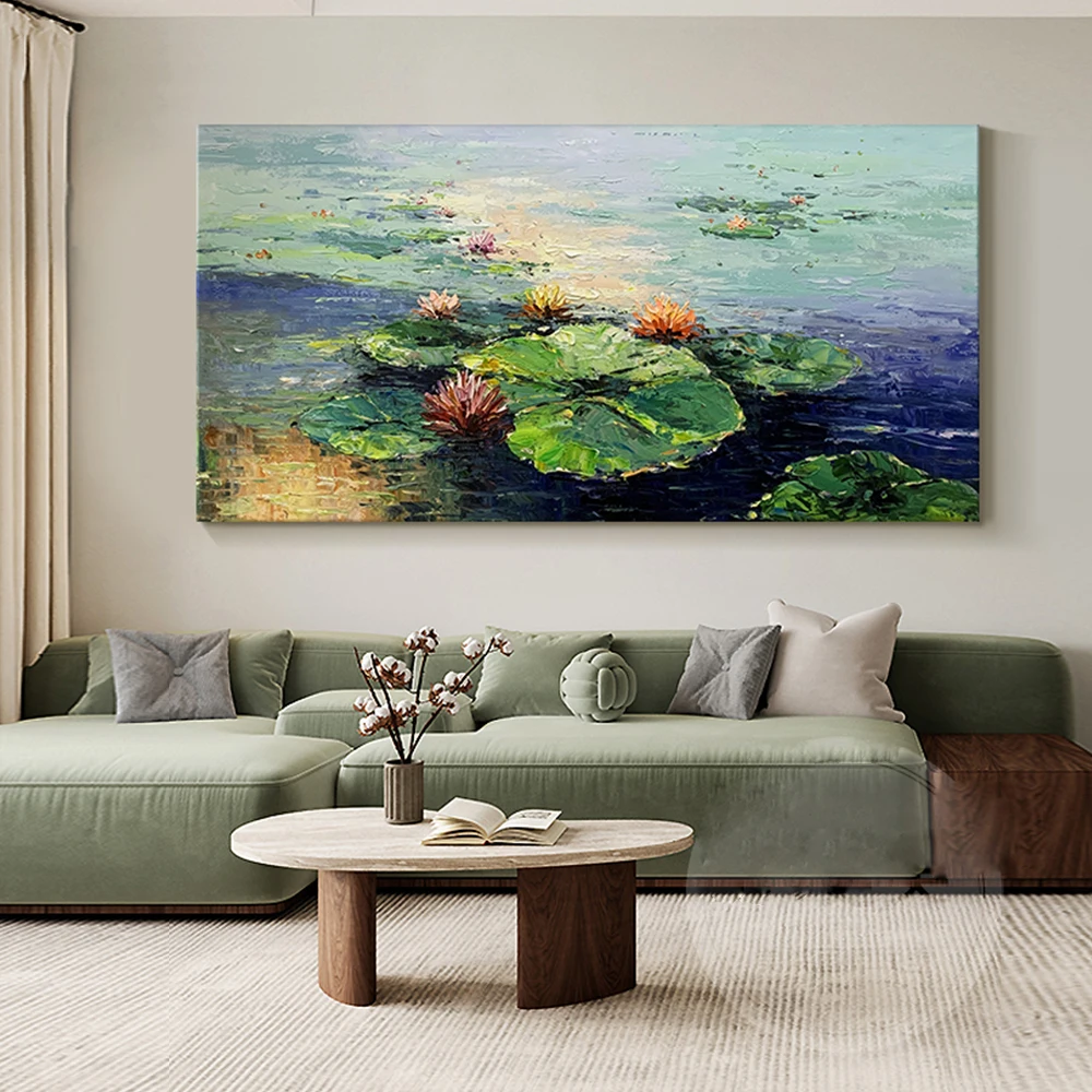 

Hand Painted Oil Painting Lotus Pond Decoration Living Room Abstract Water Lily Oil Painting Canvas Wall Art Mural Horizontal