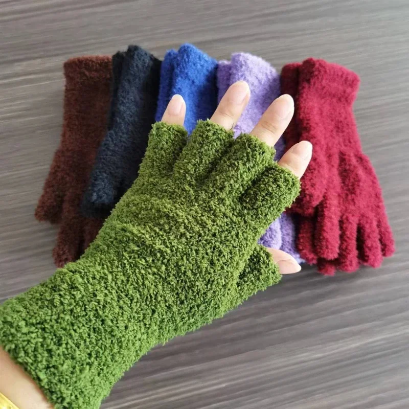

Coral Fleece Gloves Women Girls Solid Color Touchscreen Fingerless Glove Winter Warm Thicken Plush Half Finger Writing Mittens