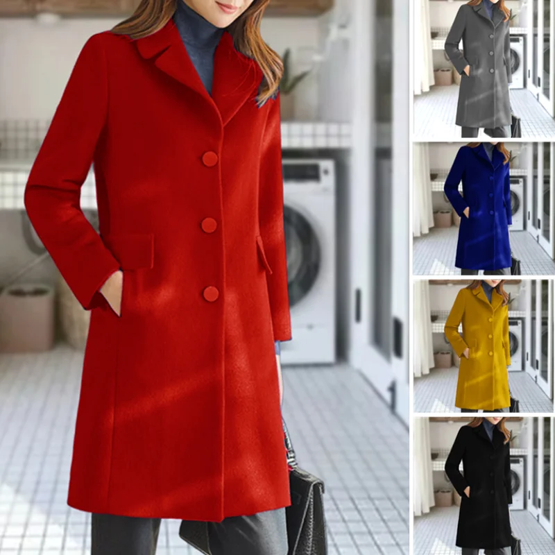 

Female Spring Jacket Long Sleeve Mid-length Female Jackets Coat Ladies Overcoats Women Jacket Woolen Overcoat Turndown CollarTop