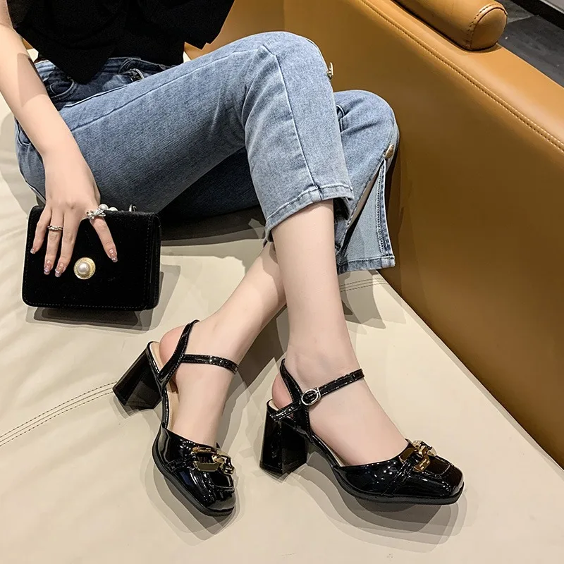 

New Baotou Back Empty Sandals Patent Leather Square Head High Heels Mary Jane Square Buckle Sandals Fashion Thick Heels Women's