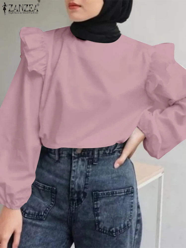 

ZANZEA Fashion Long Sleeve Flounce Blouse Women Autumn Tops Casual Muslim Ramadan Turkey Shirt Solid Work Blusa Islamic Clothing
